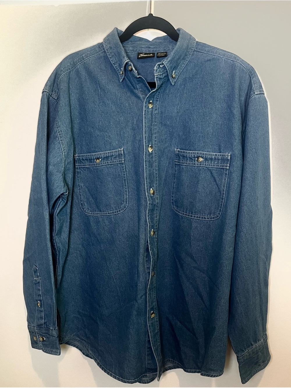 Vintage Penmens Blue Denim Button-Down Shirt with Chest Pockets L 100% Cotton